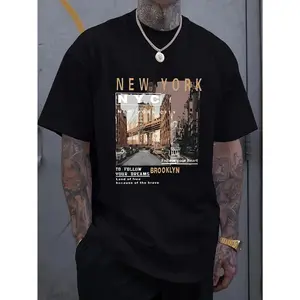 Cotton short sleeve T-shirt 1 MEN'S casual cotton T-shirt, New York City Print-short sleeve, round neck, regular style, stretch knit fabric, fashionable for daily wear