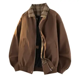 Men's Spring and Autumn Retro Checkered Fake Two Piece Brown Jacket, Workwear Collar Jacket, Spliced Flying Baseball Jacket, Suitable for Men's Daily and Outdoor Wear, Men's Collar Sleeveless Sports Long Sleeve JacketRAIMENTRY