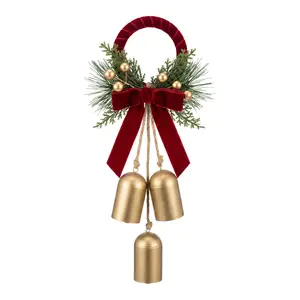 Farmhouse Style Christmas Bell Door Hanger, Vintage Bells, Pine Cones Bow, Clear Ringing, Entryway Decoration