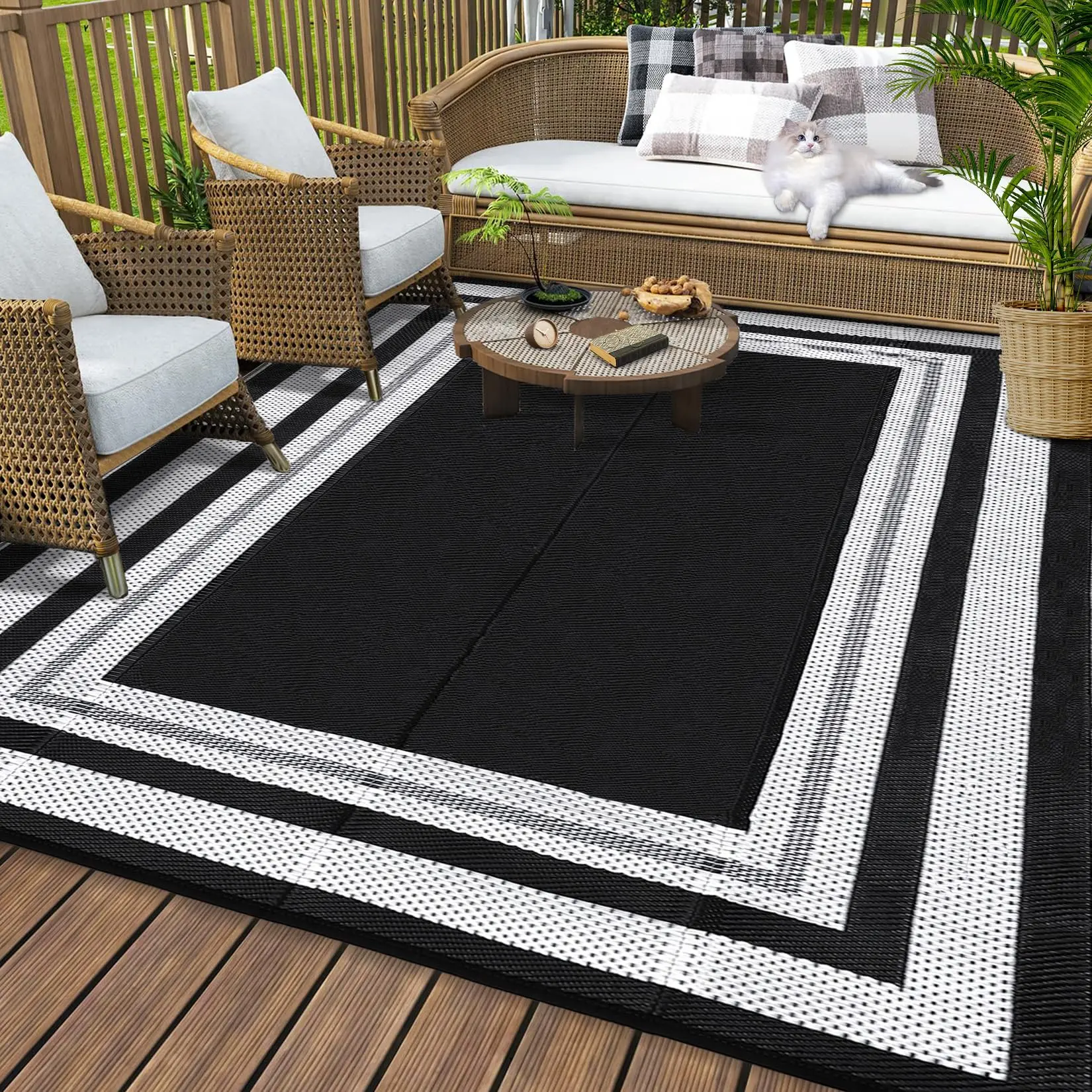 【GARVEE】Outdoor Rug 8x10 Area Rugs for Patio Waterproof Plastic Straw Rug Reversible Patio Rugs RV Camping Outdoor Carpet for Porch Patio Outside RV Deck Balcony Picnic Beach Decor Border-Black/White