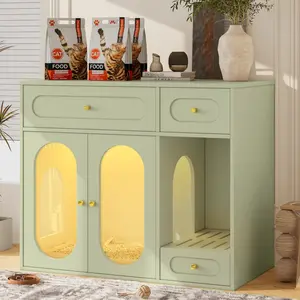 [Bellemave]Cat Litter Box Enclosure with LED Light, Hidden Litter Box Furniture with Storage Drawers,Fit Most of Litter Box, Indoor Pet House with Acrylic Doors, End Table for Living Room, Green