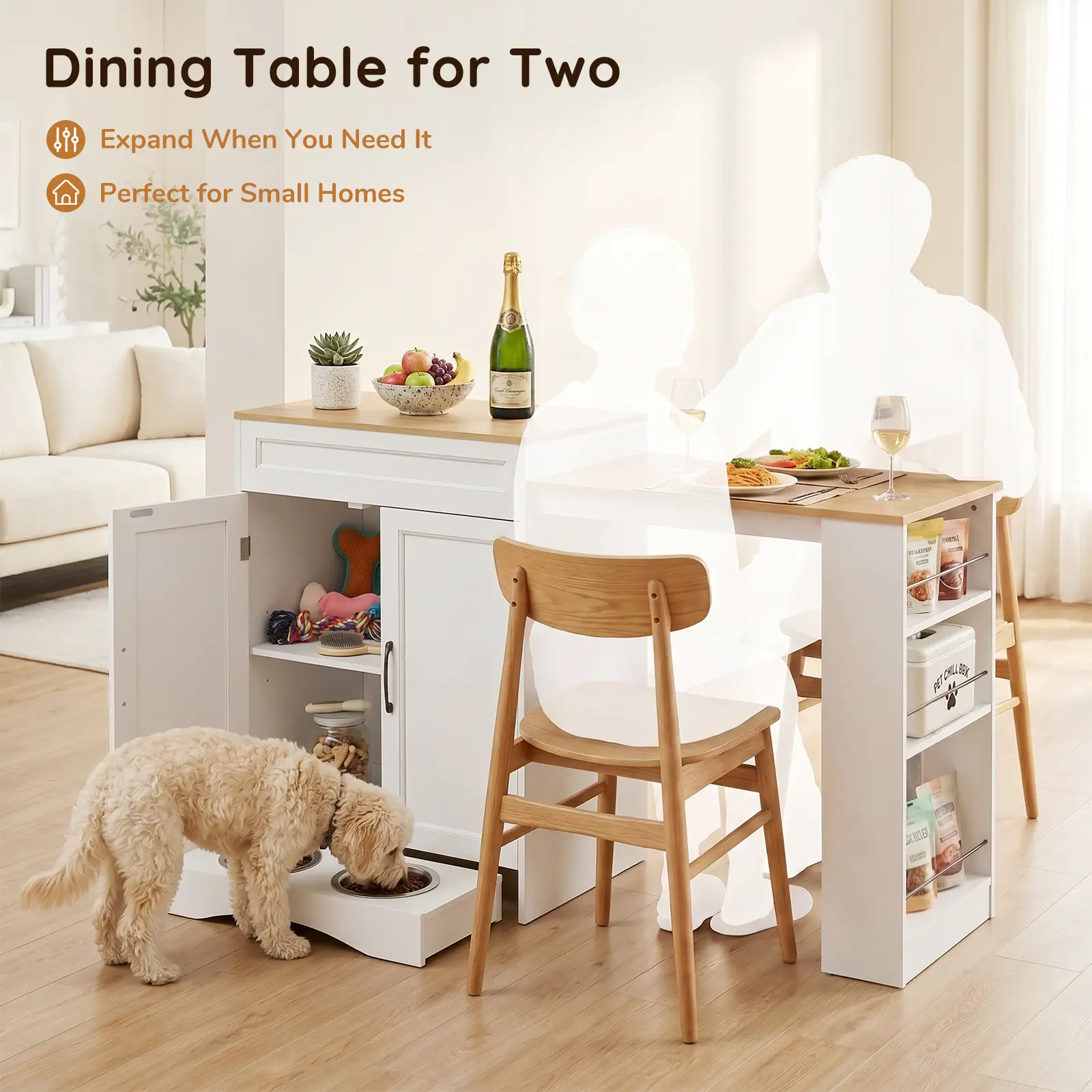 Extendable Kitchen Island with Built-in Power Outlet & Pull-Out Pet Feeder, 3-Tier Rolling Side Cabinet Sofa End Table with Charging Station home bar deskmakeover