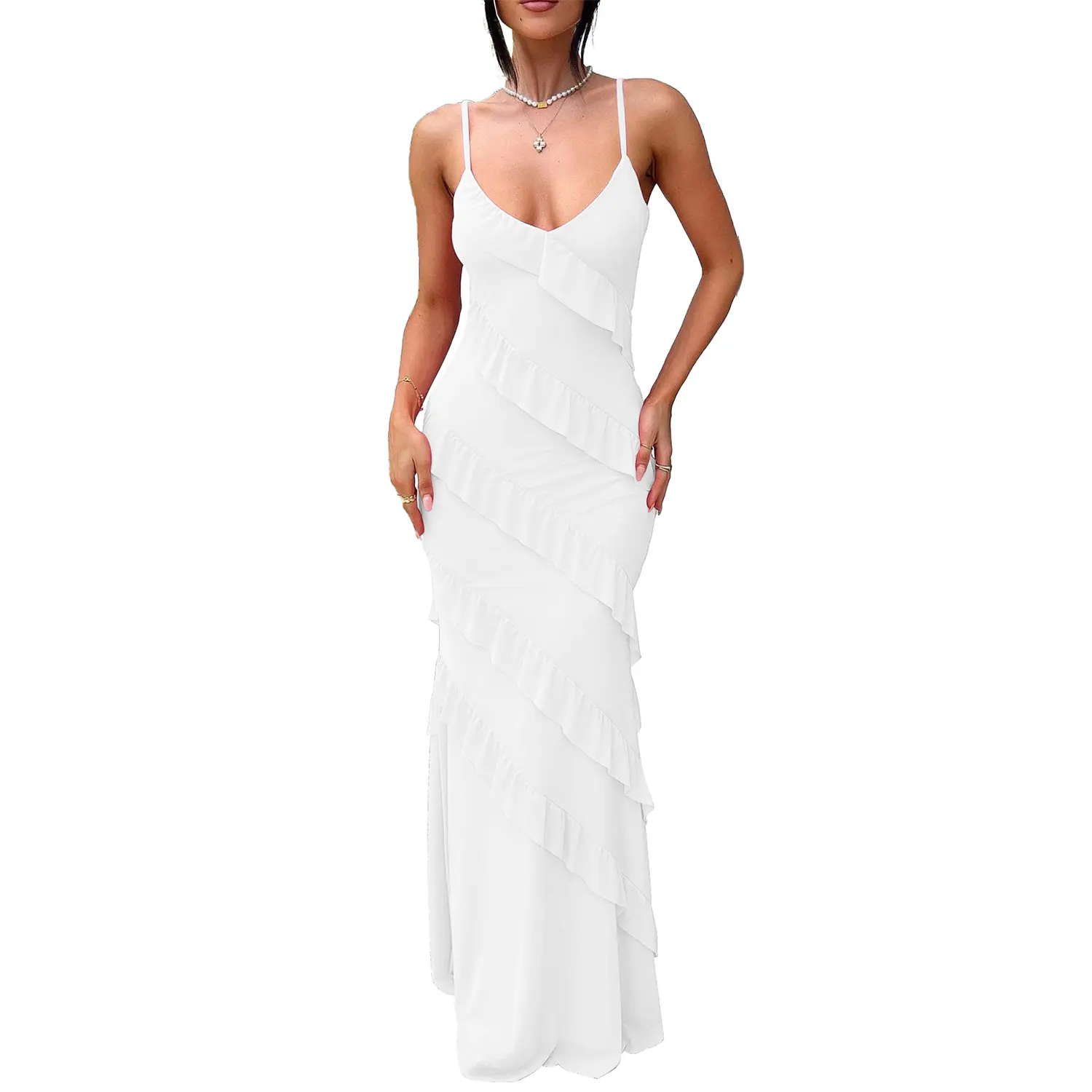 HOCILLE Women's Ruffle Mesh Maxi Dress Sexy Bodycon Backless Wedding Guest Dress 2026, Elegant White Graduation HOCILLE Women's Ruffle Mesh Maxi Dress Sexy Bodycon Backless Wedding Guest Dress 2026, Elegant White Graduation