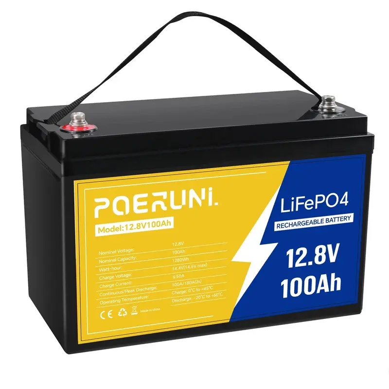 POERUNI 12V 100Ah LiFePO4 Deep Cycle Rechargeable Battery - Automotive Grade UL Tested, Extended Capacity, Long Lasting, Safe Non-Toxic Lightweight, 4000+ Cycles, M8 Terminals for Easy Connection, Solar Power for RV Solar System