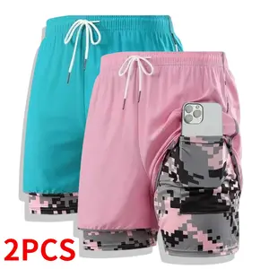 Women's 2-Pack Fitted Activewear Double-Layer Sports Shorts - Casual Athletic Bottoms with Inner Pockets for Outdoor Fun