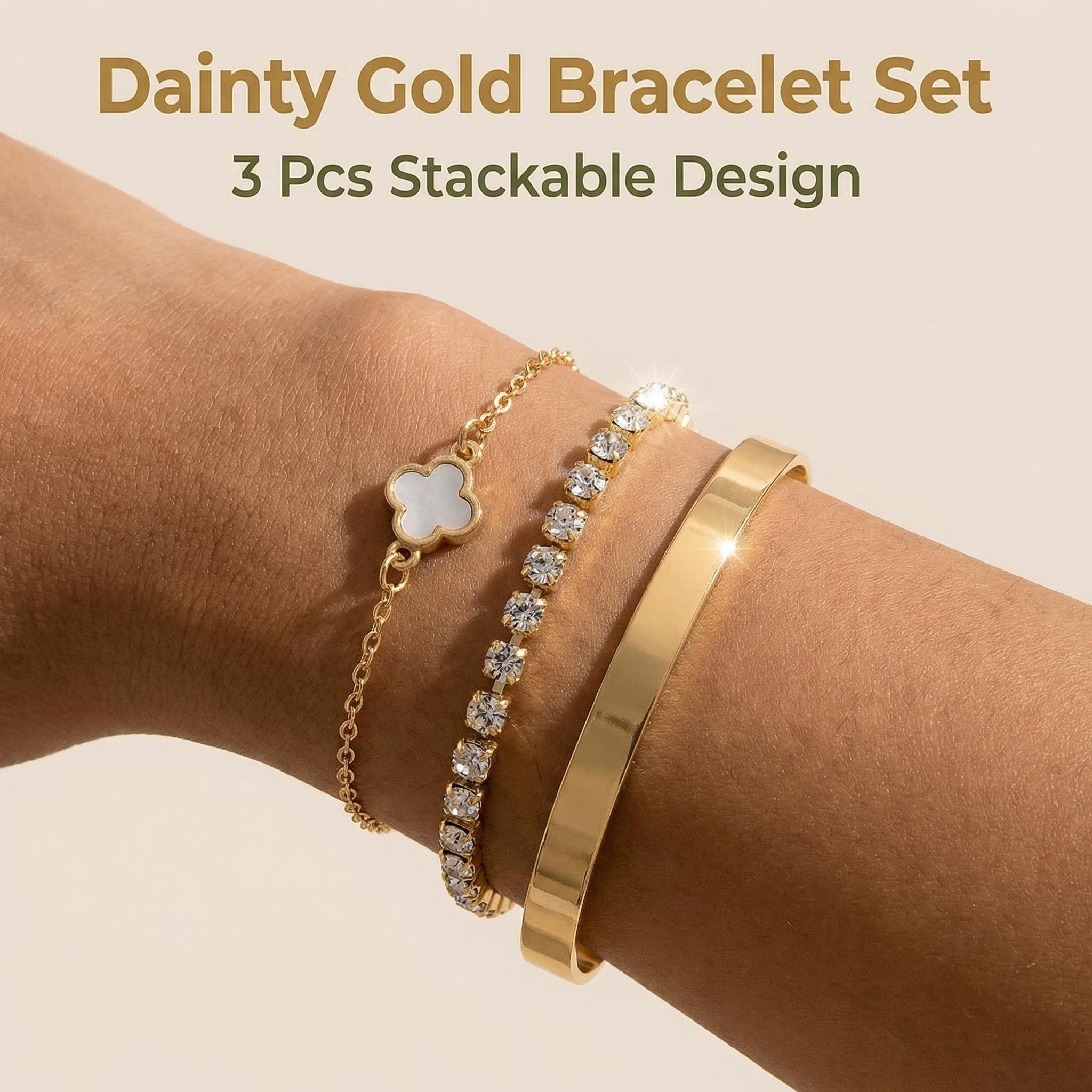 three-piece set Gold Multi Chain Bracelet Set Luxury Stackable Bracelets with Shiny Wide Metal Chain Rhinestone Thin Chain and Five Leaf Clover Pendant for Women Five Leaf Clover Gold Bracelet  Stackable Gold Bracelet for Women