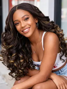Yaki Curly Wave V Part Wig Highlights U Part Synthetic Wigs for Black Women 22 Inch Heat-Resistant Hair Replacement Wig Natural Looking for Daily Use Black Woman Wigs