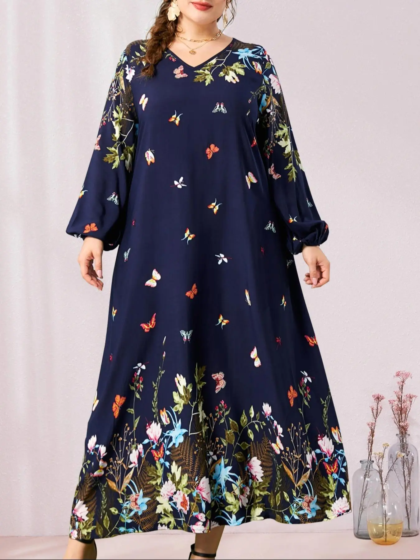 Plus Butterfly & Floral Print Bishop Sleeve V Neck A Line Dress, Elegant Long Sleeve Long Dress for Spring & Fall, Women's Clothes for Daily Outdoor W