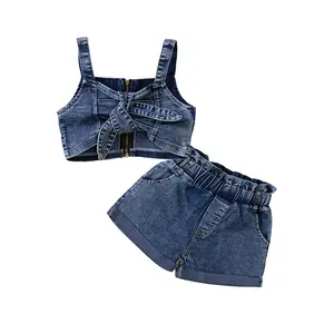 Toddler Baby Girls 2PCS Pants Set Sling Plain Tie-Up Zip-Up Crop Camisole Ruffle Short Denim Pants Summer Outfits 1-6T