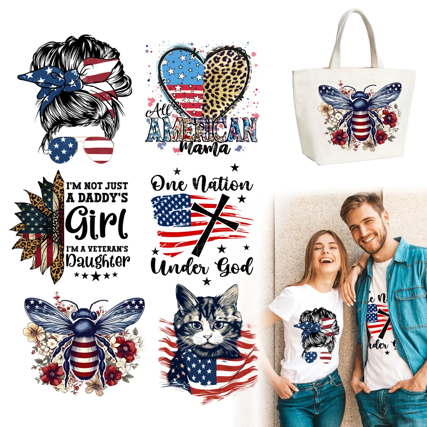 6PCS American Flag Design DTF Direct to Film Transfer, Premade Gang Sheet, Shirt Heat Transfer, Ready to Press for t-Shirt Bag Pillow
