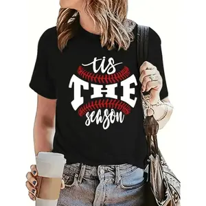 Plus Size Women Black Baseball Graphic T-Shirt Casual Short Sleeve Round Neck Sporty Style Tee Machine Washable Baseball Mom Shirt