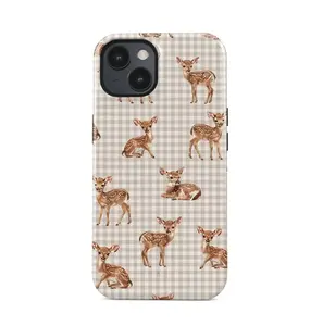 Cute Fawn Checkered Phone Case, Vintage Cottagecore Deer iPhone Cover, Brown Gingham Aesthetic Case for Animal Lovers for iPhone 17 16 15 14 13 12 11 Pro Max Samsung Galaxy