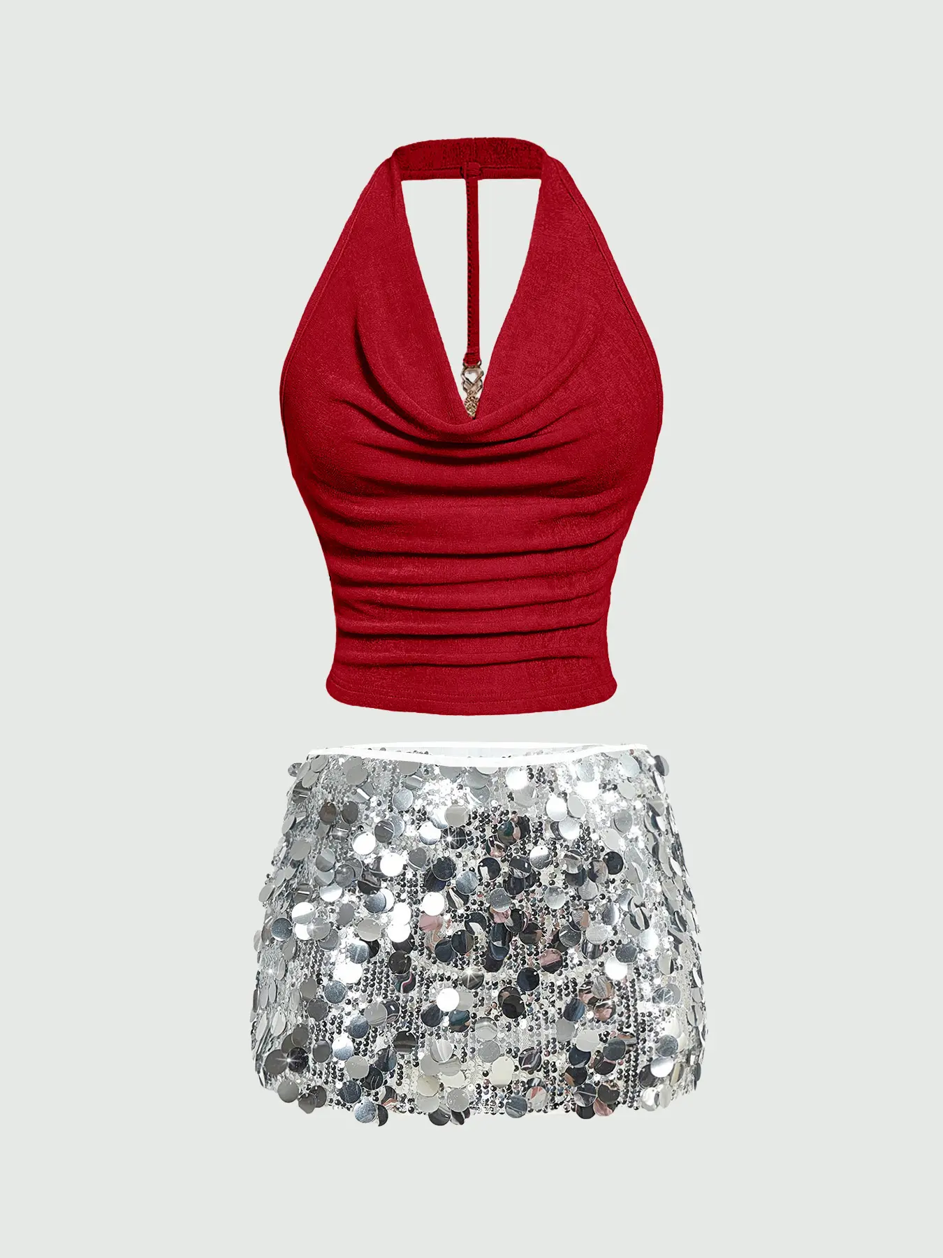 Glamorous shimmer sequin skirt paired with a stylish fitted strapless halter top set, perfect for fashionable evening parties and club dance events, Outfit