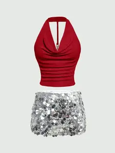 Glamorous shimmer sequin skirt paired with a stylish fitted strapless halter top set, perfect for fashionable evening parties and club dance events.