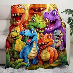 Cute smiling dinosaur high definition digital printed flannel blanket, contemporary animal theme four seasons comfortable knitted thermostatic adjustment cover, 100% polyester lightweight fabric, perfect for naps