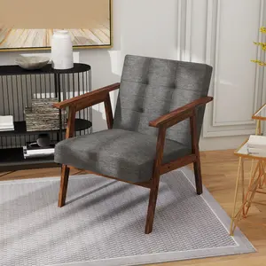 Mid Century Modern Accent Chair with Walnut Finish Thick Comfy Seat Cushion Upholstered Living Room Lounge Arm Chair for Living Room Bedroom Office Waiting Area Dark Grey