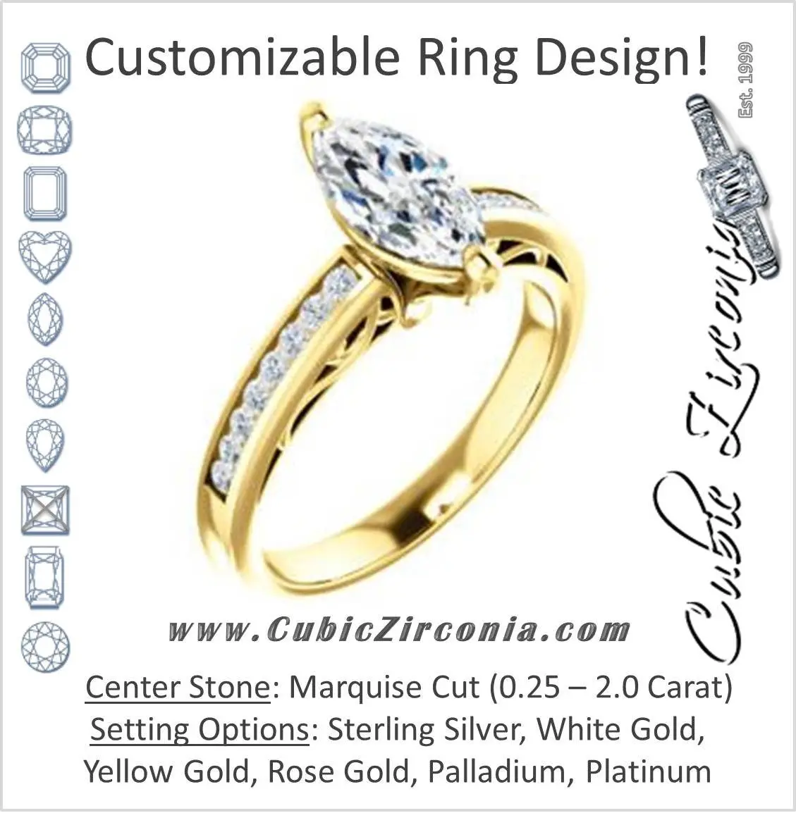 Cubic Zirconia Engagement Ring- The Jazmin Ella (Customizable Marquise Cut with Three-sided Filigree and Channel Accents)