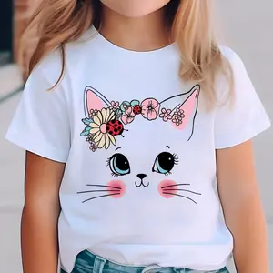 Cute Cat With Flower Crown Graphic Cotton T-Shirt for Girls, Valentine's Day Gift for Kids, Fashion Oversized Comfort Summer Outfit