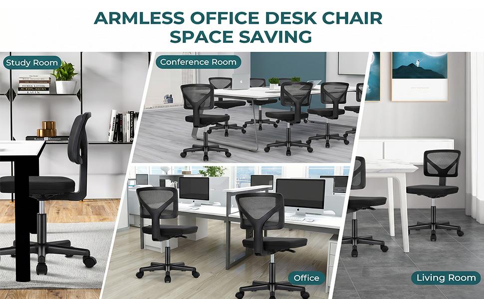 Armless Mesh Office Desk Chair - Ergonomic Mid-Back Swivel Rolling Executive Task Chair with Lumbar Support for Small Spaces