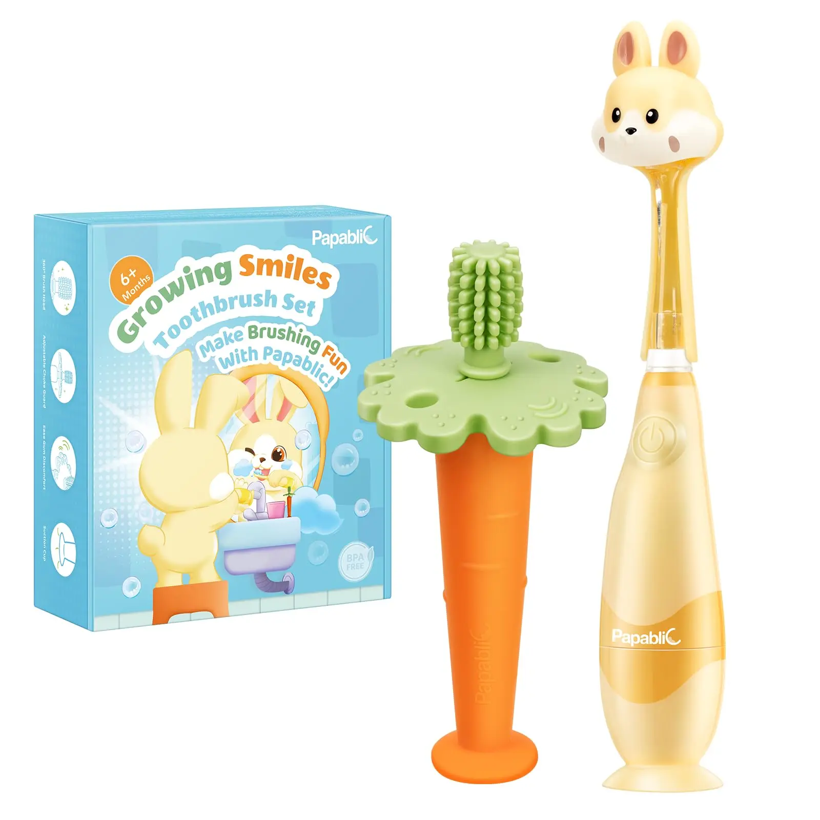 Papablic Baby Training Toothbrush Set for 6-24M, Carrot Teether & Bunny Sonic Brush, FDA-Compliant & Dentist Approved, Teething & Brushing Stages, Newborn Sensory Teething, Toddler Christmas Gifts #DealsForYouDays