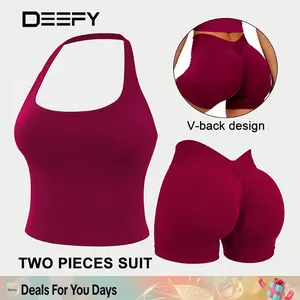DEEFY Two Pieces suit Impact Halter Top & V-Back Scrunch Shorts  High Support Butt Lifting Gym Yoga Activewear Set