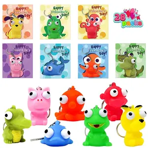 Joyfy 28 Pack Valentine Day Classroom Exchange Gift Cards with Fidget Popping Animal Keychains Gift Card and Toy Set Animal Keychain Assorted Colors