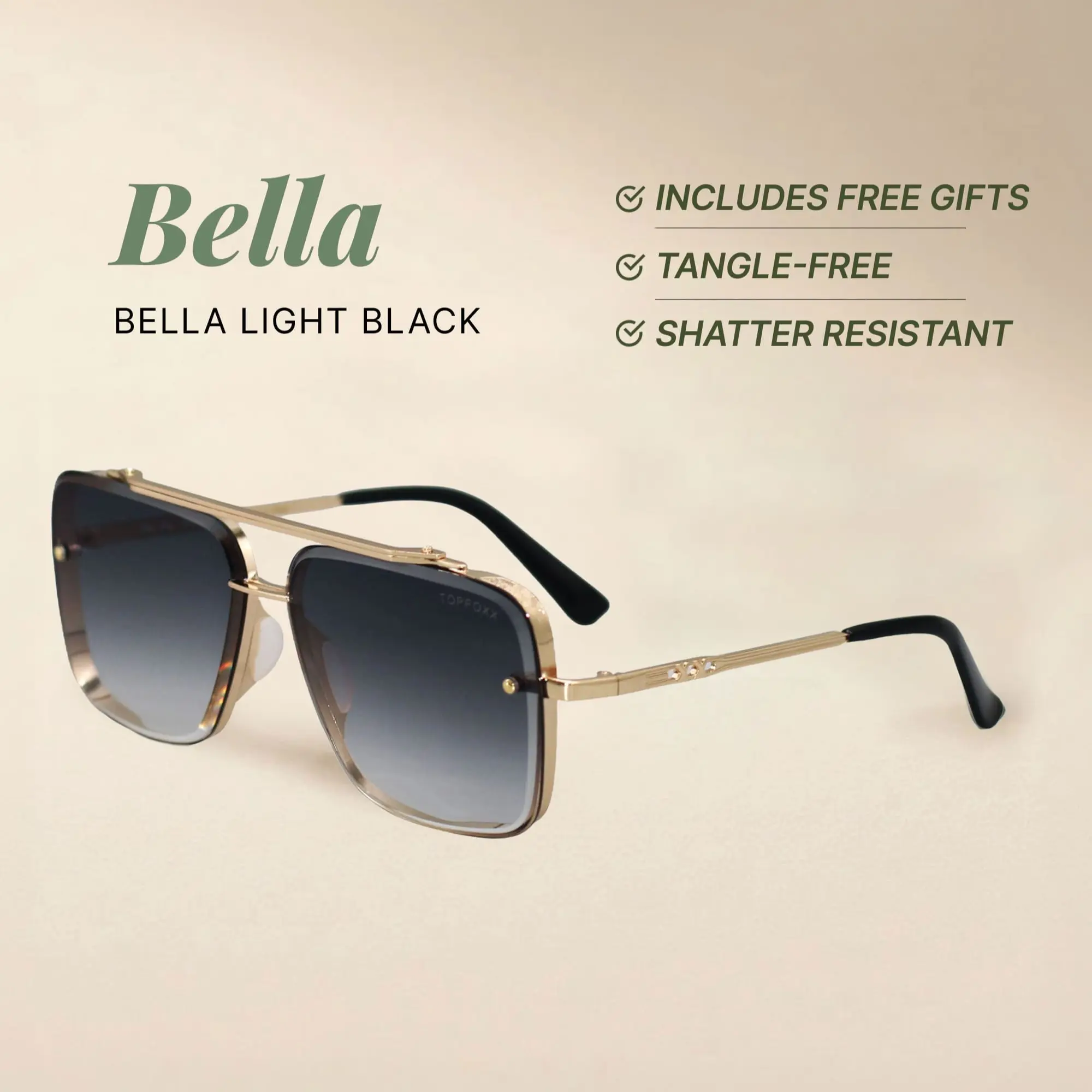 Bella - Light Black Gold - Tangle Free Aviator Sunglasses - Certified Shatter-Resistant Lenses - UV400 - For Women & Men