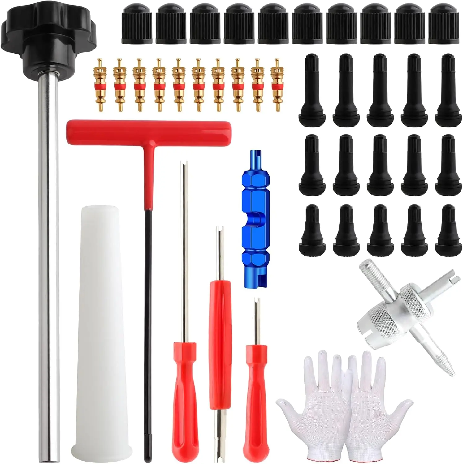45PCS Tire Valve Stem Repair Kit with Valve Core Removal Tool, 4 Way Valve Core Remover, TR412 TR413 TR414 Rubber Snap In Valve Stems, Tire Valve Replacement Set