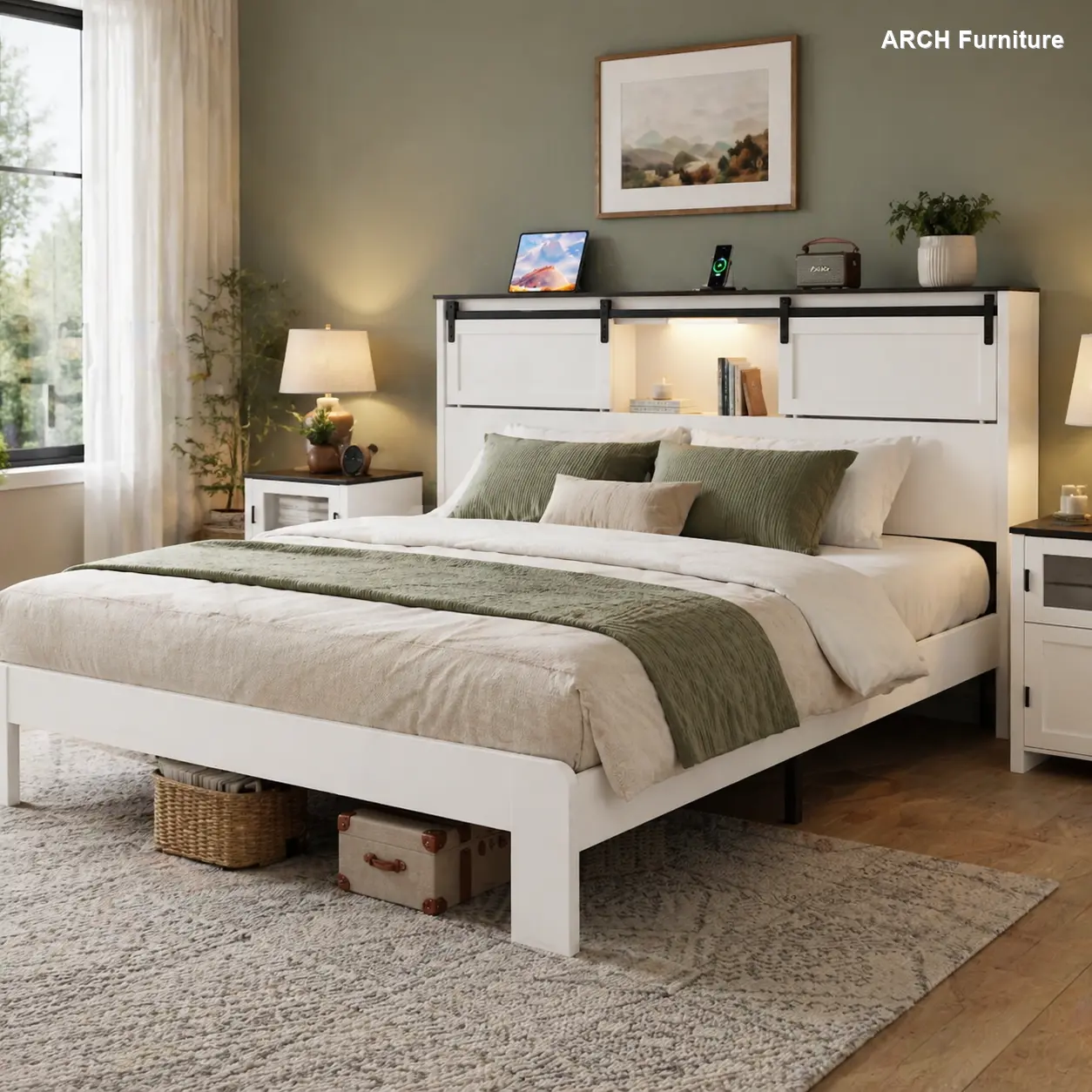 Queen Size Wood Platform Bed Frame, ARCH Farmhouse Style Bed with Sliding Barn Door Storage, Built-In Charging Station and LED Lights, Modern White Finish, No Box Spring Required, Bed Frames