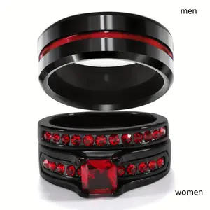 2 Romantic Titanium Steel Wedding Ring Sets, Synthetic Princess Cut Red CZ, Black Plated Couple Rings, Valentine's Day Gift