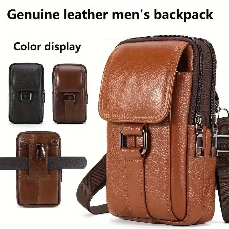 Male Durable Genuine Leather Multifunctional Outdoor Waist Bag Backpack - Adjustable Strap, Waist Belt Pocket, Universal Phone Slot, Essential Pack for Outdoor Work, iPhone 14/15/16 Pro Max Plus, Samsung Models, No