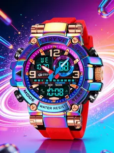 Vibrant Mech Style Electronic Watch, Dual Display Analog-Digital, 50m Waterproof, Night Glow, Stopwatch Alarm, Sporty Design
