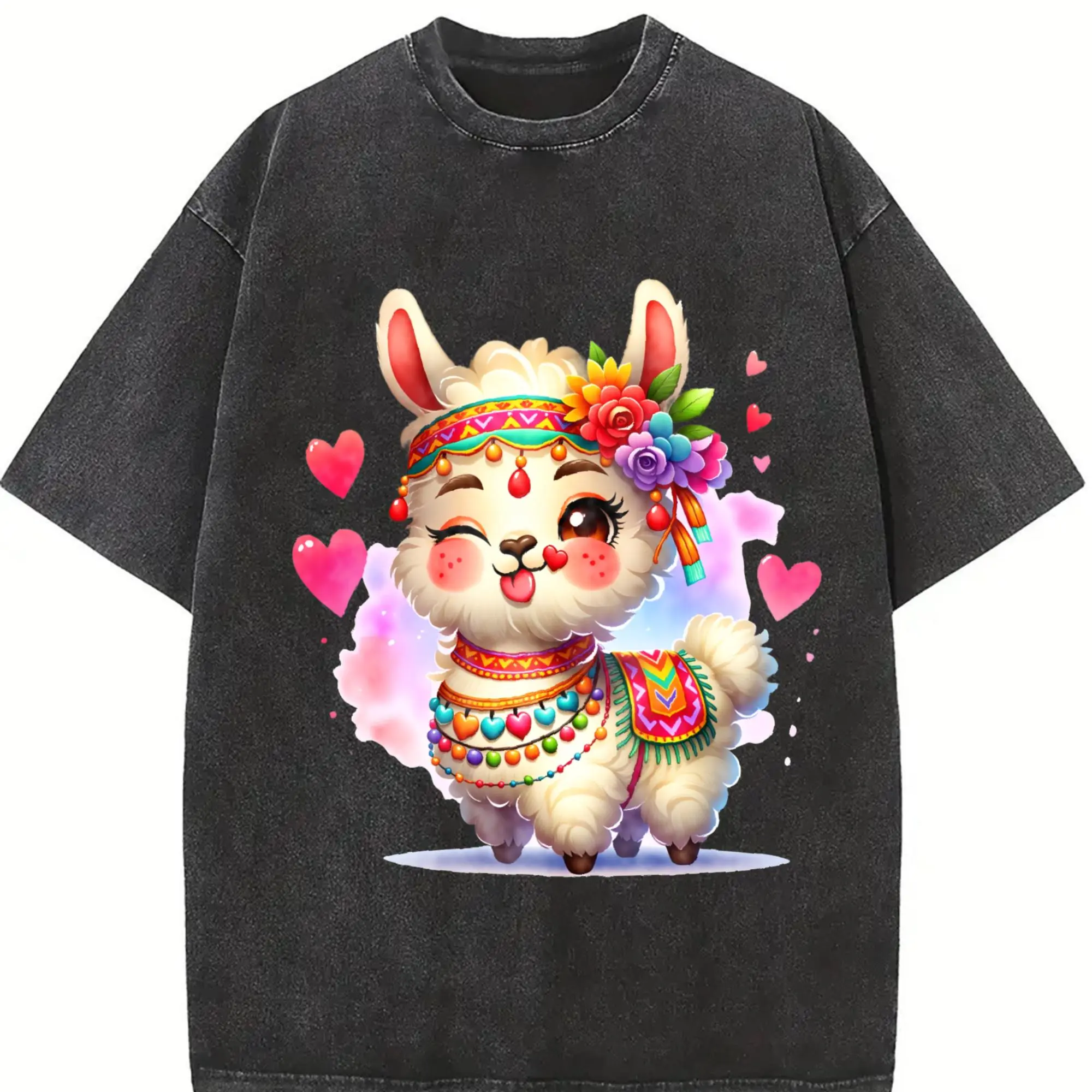 Women's Vintage Print T-Shirt with Llama Hair Accent Suitable for Winter Clothing - Soft Round Neck Short Sleeve Blouse, Machine Washable, S-3XL (Multi-Color Options)