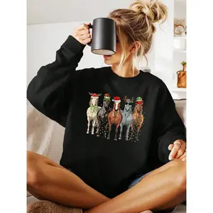 Women'S Equestrian Horse Print Sweater - 100% 230gsm Thick Warm Winter Sweater with Horse Riding Design, All-Season Casual & Formal Outfits, Machine Washable Crewneck Pullover For Horse Lovers & Equestrian Events, Horse Sweater