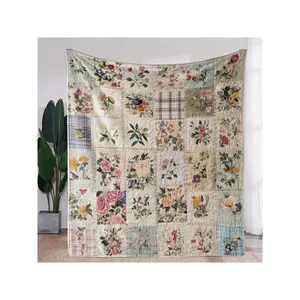 Charming Vintage Patchwork Quilt with Vibrant Floral & Bird Designs, a Cozy Elegant Bedspread for Home Decor