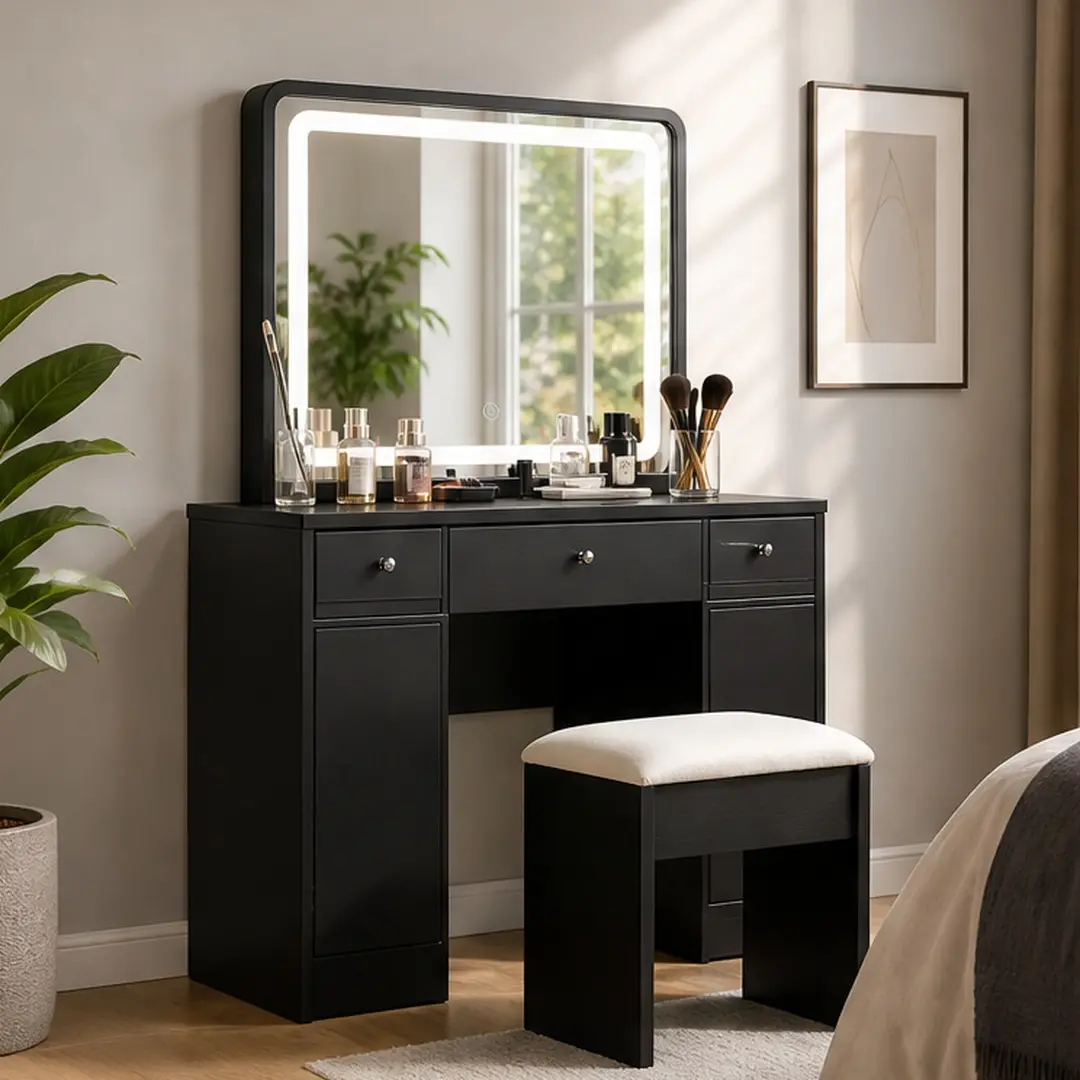 31" x 20" Extra Large LED Mirror Makeup Vanity Table Set with Cushioned Stool, Touch Switch 3 Color Lighting Adjustable Brightness, MDF Black Dressing Table with Storage, Compact for Small Space Bedroom, Black Color Options, MDF Material