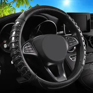 Massage  Steering Wheel Cover,14.5-15 Inch Universal Black Carbon Fibre Leather Covers Breathable Anti-Slip Odorless Steering Wheels Accessories for Men Women