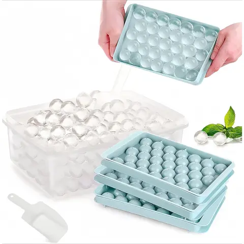 MIUVA BPA-Free Round Ice Cube Mold Set with Lid, 2 cm Diameter Trays (33 Ice Balls per Tray), Food-Safe PP-Silicone, 3 Pastel Blue Kitchen Utensils, Freezer-Safe Easy-Release for Coffee/Drinks, Family Gatherings, Pudding-Jelly Mold Kitchenware