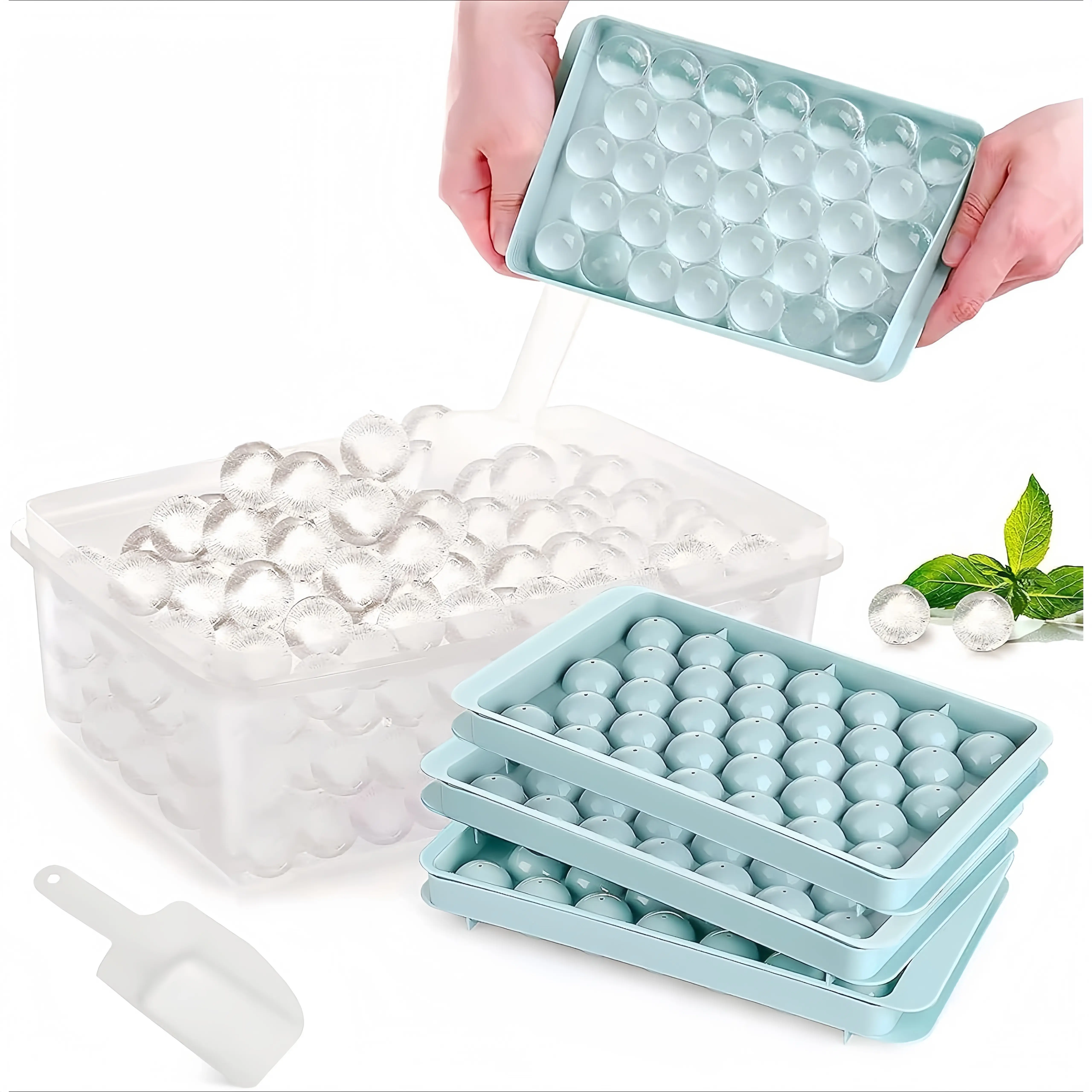 MIUVA Kitchen Silicone Ice Cube Molds Set with Lid, 3 Pastel Blue Molds, 2 cm Diameter, BPA-Free, Ideal for Cooling Coffee & Drink Chilling, 33 Round Ice Balls per Tray, Easy Release, Thanksgiving tableware Christmas Kitchenware Food