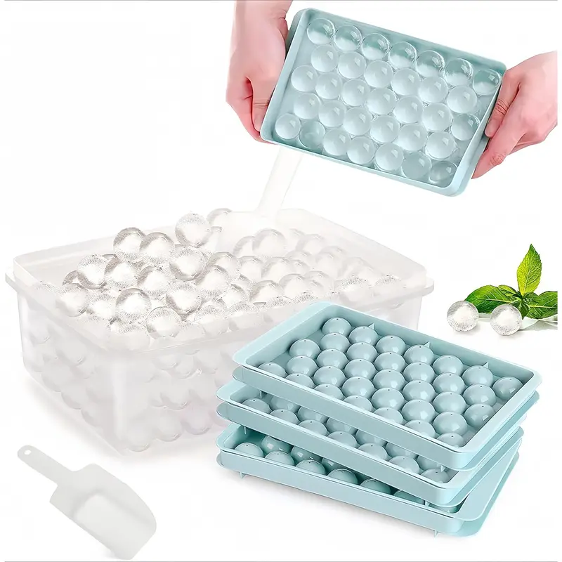 MIUVA BPA-Free Round Ice Cube Mold Set with Lid, 2 cm Diameter Trays (33 Ice Balls per Tray), Food-Safe PP-Silicone, 3 Pastel Blue Kitchen Utensils, Freezer-Safe Easy-Release for Coffee/Drinks, Family Gatherings, Pudding-Jelly Mold Kitchenware