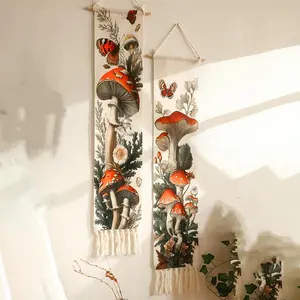Mushroom & Butterfly Pattern, Vintage Botanical Design Wall Hanging, Bohemian Style Wall Art for Home Living Room Bedroom Decor, Durable Decorative Tapestry
