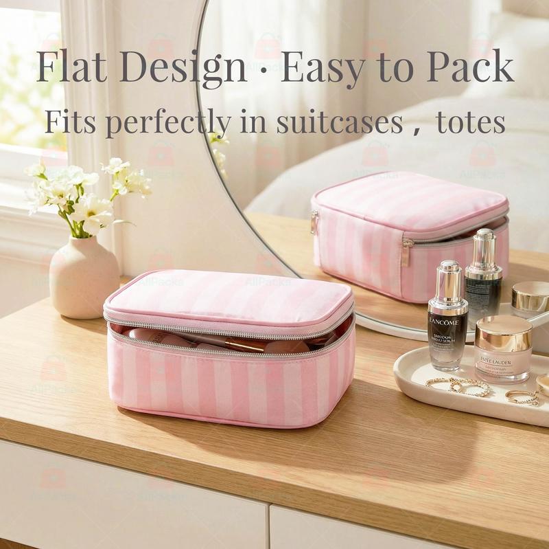 Pink Striped Structured Travel Makeup Organizer  Lightweight Protective Cosmetic Bag with Zipper, Easy to Pack for Daily and Travel Use travel cosmetic bag