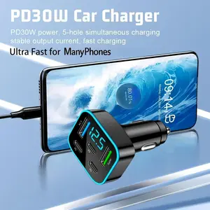 Car Charger 30W Fast Charging with Digital Display, Retractable Type C Car Charger, Cigarette Lighter USB C Charger for Car, Dual Port PD Car Charger Adapter, Fast Charging Vehicle Charger for iPhone Samsung Android, iPad, Tablet, Car Accessories