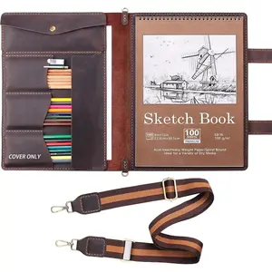 Leather Sketchbook Cover, Artist Sketch Pad Holder for 9"X12" Top Spiral Bound Sketchbook, Drawing Book Pencil Case, Journal Portfolio with  Strap, Artist Gifts,Coffee