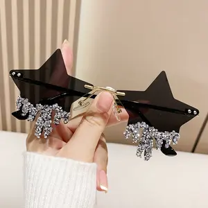 Personality rimless diamond-studded glasses, European and American exaggerated hip-hop internet celebrity pentagram sunglasses, handcrafted DIY glasses