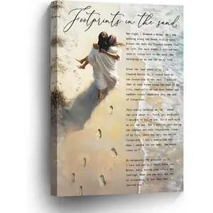 Footprints in the Sand Wall Art Jesus Christian Poster Inspirational Framed Canvas 12x18 In Poem Poster Religious Home Decor Artistic Vintage Canvas Decoration Room Artwork wall decor