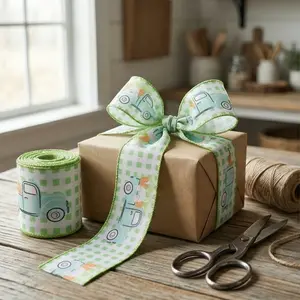 Kids Day Wired Edge Ribbon, 2.5 Inch x 5 Yards Green Plaid Truck Carrot Print Fabric Ribbon, Easter & Children's Day Decorative Ribbon for Gift Wrapping, DIY Bows, Wreaths, Party Decoration