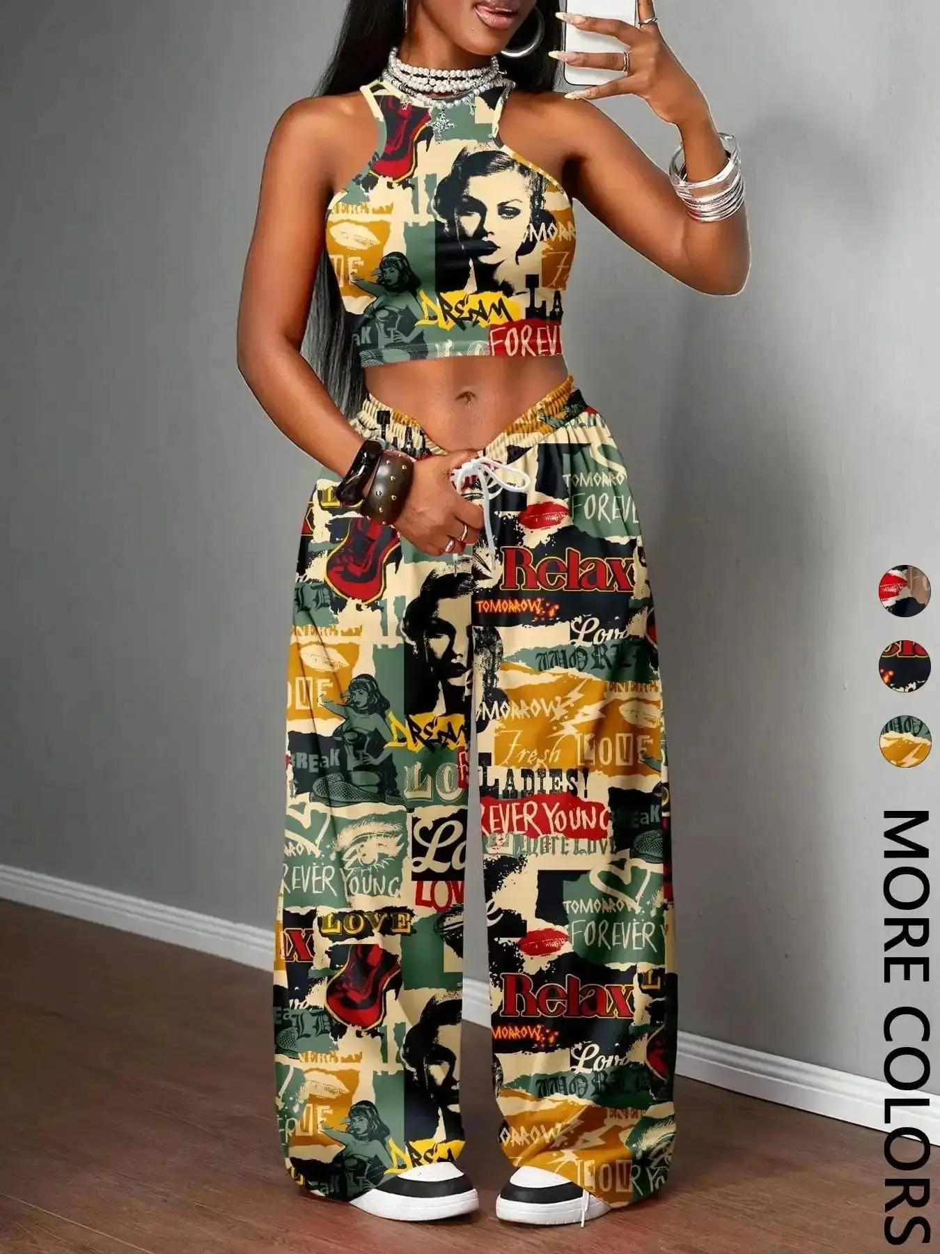 2 Piece Halter Neck Sleeveless Retro Print Crop Top & Wide Leg Pants Set Fashion Streetwear