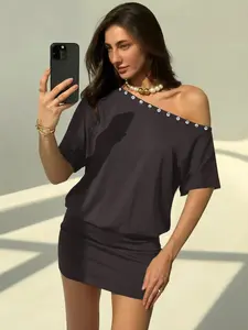 Y2K Spring Summer New Shoulderless Button Slim Fit Short Sleeve Bodycon Dress, Fashion Trendy Tight Fitting Design, Kardashian Style Sexy Mini Dress, Lady Womenswear