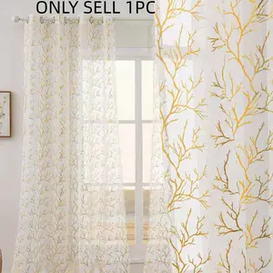 Gold Branch Embossed Curtain, Light-Transmitting Not See-Through, Softens Natural Light, Home Living Room Bedroom Pest Dust Proof